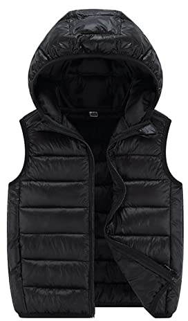 Daunenweste Kinder Jungen Mädchen Kinder Ärmellos Steppweste Leichte Winter Weste für Jungen Mädchen Hoodie Sportweste Übeergangsweste Kapuzenweste Outdoor Reitweste Winterjacke (Black, 10-12 Years)