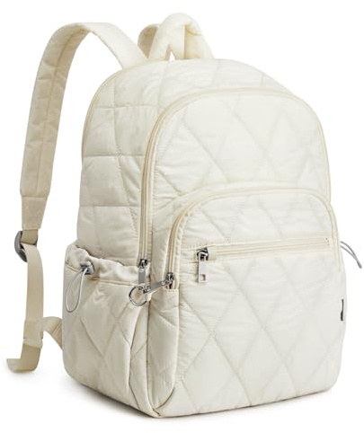 G4Free Quilted Travel Backpack for Women College Puffer 15 Inch Laptop Backpacks Casual Daypack with Anti-theft Buckle(Beige)