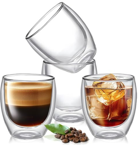 Syzplnwy Lot de 4 tasses à café en verre à double paroi de 150 ml, tasses en verre borosilicate avec couche isolée, tasses à expresso transparentes résistantes aux chocs thermiques pour café chaud