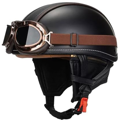 KKVGP Öppet ansikte MC-hjälmar Vintage motorcykelhalvhjälm med med glasögon DOTECE Godkänd Half Shell Cap Cruiser Chopper Moped skoterhjälm for vuxna män kvinnor