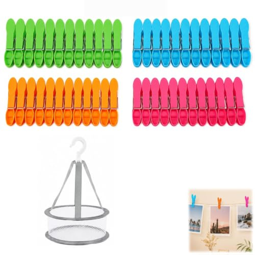 49 Piezas Set Pinzas para la Ropa con Cesta, 48 Pinzas de Colores 73mm para Tendedero, Cesta de Almacenamiento de Malla (Azul Verde Naranja Violeta)