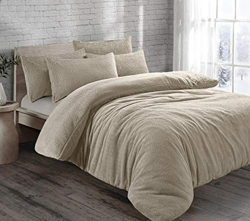 HOMES-LINEN Teddy Bear Fleece Thermal Warm Cosy Soft Fur Duvet Cover Set With Pillow Cases (Beige, King)