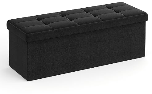 SONGMICS Banc de Rangement, Pouf Pliable, 38 x 110 x 38 cm, Bout de Lit, Repose-Pieds, Coffre de Rangement, Charge jusqu'à 300 kg, pour Salon, Chambre, Entrée, Noir d'encre LSF077B01