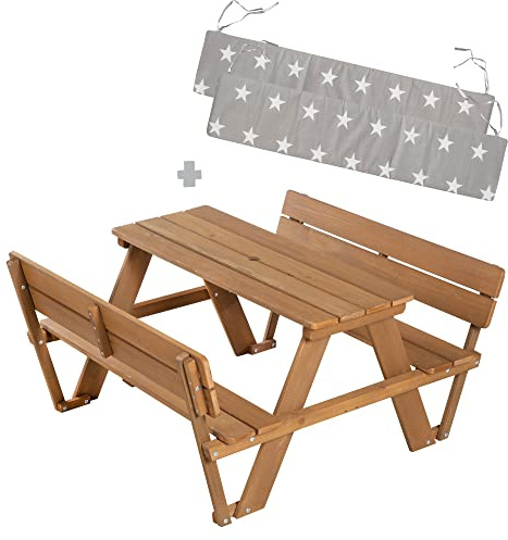 roba Barnutemöbel+ Sittgrupp Picknick för 4 med ryggstöd & Sittkuddar - Trädgårdsbarns sittgrupp med 4 platser - Sittgrupp av väderbeständigt trä - Teak
