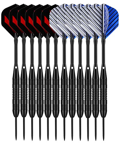 LARRITS Professional 6 Pack/ 12 Pack Steel Tip Darts Set 22 23 Grams With Black Aluminum Shafts 18pcs Dart Flights 12pcs Rubber O-Rings + Dart Sharpener + Dart Tool