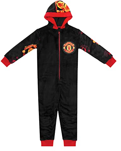 Manchester United FC Official Football Gift Kids Fleece Hooded All-In-One 12-13 Years Black