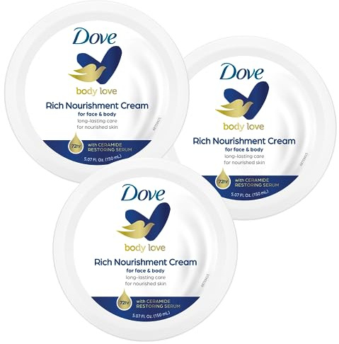Dove Nourishing Body Care, Face, Hand, and Body Rich Nourishment Cream for Extra Dry Skin with 48-Hour Moisturization, 3-Pack, 5.07 Oz Each Jar