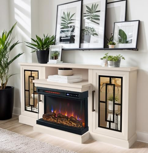 Unineo - Soporte de TV LED de 59 pulgadas con chimenea de vidrio de 3 lados, moderna mesa de consola central de entretenimiento multimedia para televisores de hasta 65 pulgadas con llama ajustable y