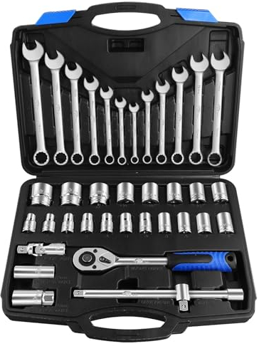 pgroup Set di chiavi a bussola metriche da 1/2 pollice da 8-32 mm e chiavi combinate da 8-19 mm, 37 pezzi con chiave a cricchetto, in acciaio CR-V per progetti automobilistici, meccanici e bici