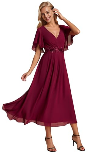 Ever-Pretty Vestito Donna Elegante Abito Cerimonia Donna con Applique e Collo V Midi Maniche a Volant Chiffon Stile Impero Borgogna 46