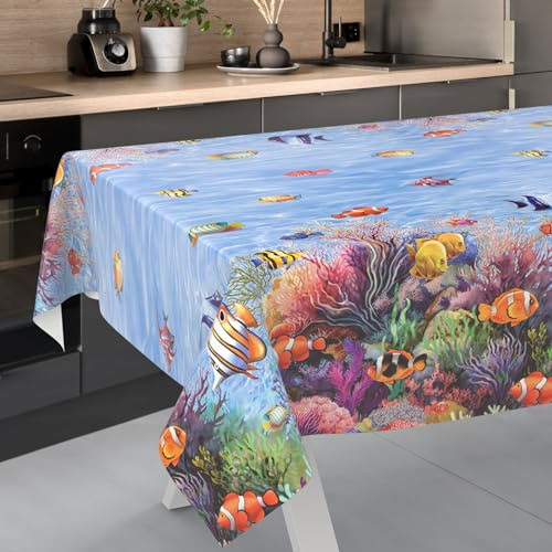 Nappe en Toile cirée Lavable, pour Table de Jardin, extérieur, intérieur, Bord coupé, Motif Aquarium 180 x 140 cm