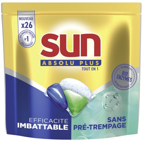 SUN - Absolu Plus Pastilles Lave-Vaisselle Tout en 1 Bio-Enzymes - 26 Capsules - sans prétrempage - tablettes imbattables sur les taches tenaces