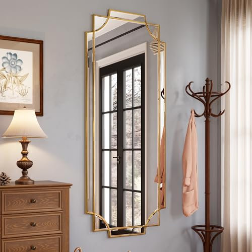 Kelly Miller Large Gold Full Length Mirror for Wall, 60x30 Full Body Mirror Beveled Scalloped Modern Elegant Home Decor for Bedroom Living Room Bathroom Dressing Room Entryway Hallway