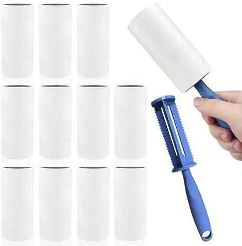 Baxcdyswe Fusselrolle Tierhaare, (12 Rollen mit 2 Abroller) 60 Blatt/Rollen – 720 Blatt, Extra Klebrig Fusselroller zur Entfernung von Fusseln und Tierhaaren Bett, von Kleidung, Sofa, Katzenhaaren