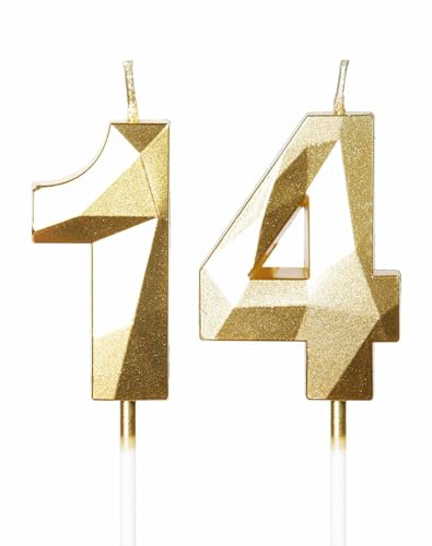 mciskin Gold 14th Birthday Candles, 3D Number 14 Candles for Cake, Girls Boys 14th Birthday Decorations,Pearl Gold Candle Cake Topper Decorations for Birthday Party Weddings Anniversary Supplies
