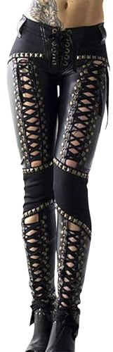 xxxiticat Women's Faux Leather Cross Pants High Waisted Rivet Lace Up Bandage PU Leather Patchwork Skinny Legging Pants(BL,S) Black