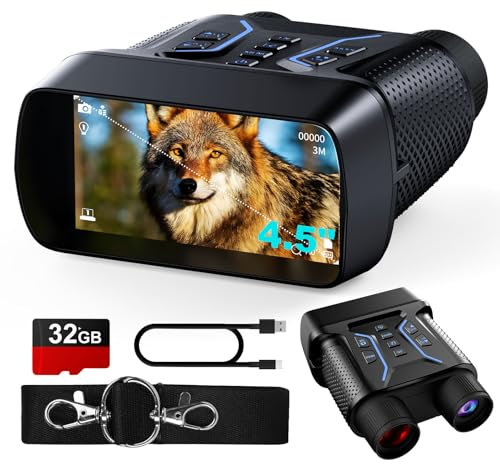 FIEGEl Nachtsichtbrille, 4K-UHD-Video und 36-MP-Bild, Infrarot-Nachtsicht-Fernglas mit 11,4 cm (4,5 Zoll) Bildschirm, 4500 mAh wiederaufladbarer Akku, 32 GB TF-Karte, 8-facher Digitalzoom für Camping