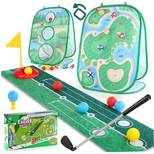 Hperu Golfklubbor för småbarn, golfset för småbarn, 3-i-1 golfset för barn med klubb, golfputtning, övningsmatta, 3-sidigt golfchipping nät, småbarnsspel set för födelsedagspresenter inomhus utomhus