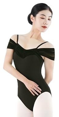 MZSKLW Dam danslinne trikåer balett trikåer för kvinnor gymnastik trikåer elastiskt nät skarv balettkostym sexig djup V-krage bodysuit linne dans kläder balett dans trikåer, Svart, XL heigth 165-170cm