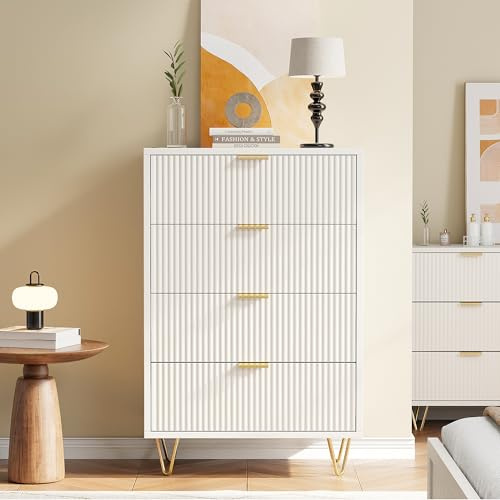 Teahutty Cómoda con cajones, cómoda, cómoda de dormitorio con cajones grandes y asas doradas, armario de almacenamiento blanco rústico para pasillo, sala de estar, armario, dormitorio (4 cajones)