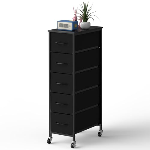 LIANTRAL Schmale Kommode mit 5 Stoffschubladen, Stoffkommode, Aufbewahrungsschrank mit Rollen, Kommodenschrank für Schlafzimmer, Wohnzimmer, Badezimmer, mit Stabiler Metallrahmen, Holzplatte, Schwarz