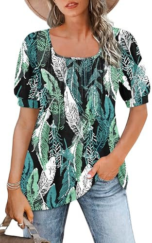WNEEDU Ladies Tops Square Neck T Shirts for Women UK Summer Puff Short Sleeve Blouses Pleated Tunic Tshirts Flowy Elegant Casual Tee Tricolor Feather L
