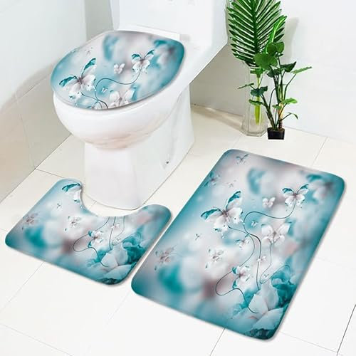 Badezimmerteppich Grüner Retro Schmetterling WC Vorleger mit Ausschnitt WC Deckelbezug 3 Teiliges WC Teppich rutschfeste Badgarnitur U förmiger Badematte Waschbar Bad Teppiche Set 50x80 cm