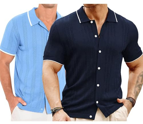 Camisa de punto con botones para hombre, de manga corta, con botones, para vacaciones, estilo informal, estilo vintage, para la playa