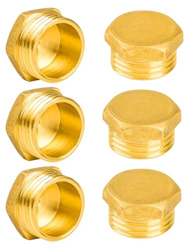 YEAUPE PRO Blindproppar i mässing, yttre gängtätningslock G1/2 tum (Ø 20,3 mm), med tätningsringar och PTFE tätningstejp, mässingslock sexkantig, slanglock, trädgårdsvattenslang gänglock 6 stycken