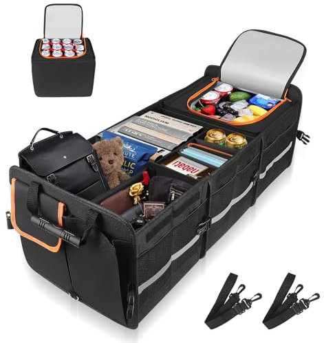 Hoyiyobi 105L Organizer per Bagagliaio, con Dispositivo di Raffreddamento Borsa per Bagagliaio, Pieghevole, con Scomparti Fondo Antiscivolo, Cinghie di Sicurezza Regolabili, Coperchio Pieghevole