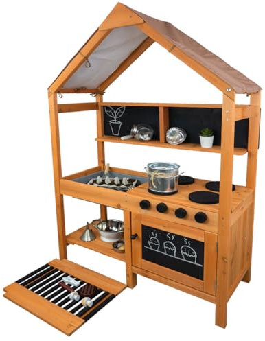 Meppi Cuisine boueuse avec toit - Cuisine d'extérieur pour enfants en bois avec plaques de cuisson et barbecue