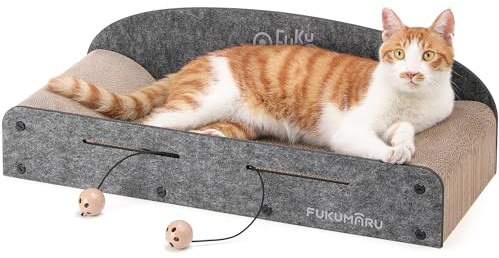FUKUMARU Lettino Tiragraffi per Gatti in Cartone Resistente, Lunghezza di 66cm, 2 Tappetini Tiragraffi Reversibili, Divano Graffiatoio Durevole Extra Large con Gioco Pallina, Grigio