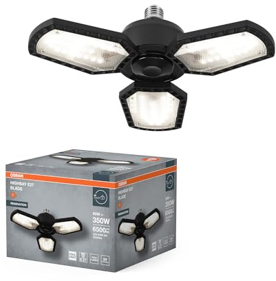 Osram Highbay Blade Deckenlampe in Schwarz, Aluminium, mit verstellbaren Lichtflügeln, bietet 60 W bzw. 6500 lm in Neutralweiß mit 4000 K, E27 Schraubgewinde, 337.5 mm Durchmesser, IP20