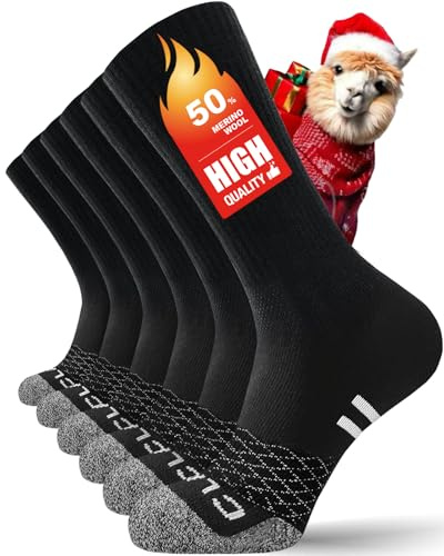 CLATOFO Merino Wool Thermal Socks for Men Women, Cushioned Anti Blister Performance Sport Socks for Running, Hiking, Cycling, Trekking, Work,Ski,Casual Thicked 3 Pairs(BLACK,L)