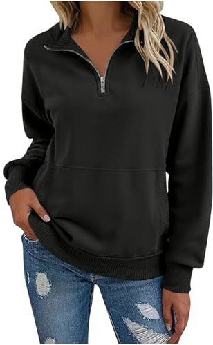 KUIH Half Zip Sweatshirt Women Casual Warm Fleece Pullover Jumpers Casual Long Sleeve Tops with Pockets Autumn Winter Ladies 1/4 Zip Jumper Cosy Top Plain Fleece Lined Thermal Sweater Plus Size Black