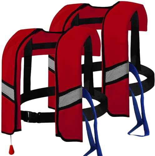 2-Pcs Automatic Inflatable Life Jacket,Adjustable Nylon Swim Vest with CO2 Inflation, Reflective Strips & Safety Buckle. (Red)