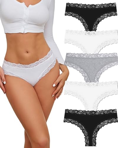 ALL OF SHE Culotte Femme Coton Slip Bresilien Dentelle Doux sous Soft Vêtements Féminins Sexy Chic Panties Underwear Women Multipack Lot de 5-S