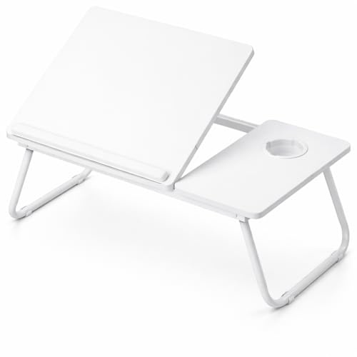 Mesa Reclinable para Cama y Sofá, Bandeja Plegable con Portavasos, Ideal para Ordenador Portátil y Libros, con Cinco Alturas, Mesita Auxiliar Multiusos de MDF, Acero y Plástico (Blanco)