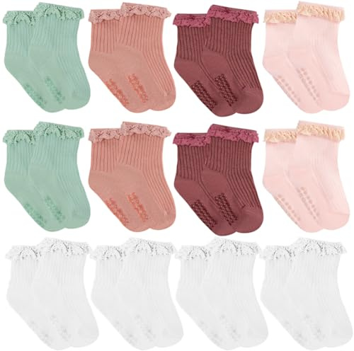 Aolso non slip cotton socks, girls socks with ruffles, non-slip baby socks for 0-4 years infant