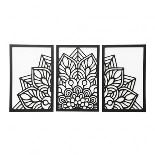 Cuadro mural mandala. Arte de Pared en Madera. Set 3 paneles decorativos boho y Zen. Decoración para el salón y hogar. Mandala decorativo 122 cm x 60 cm (Medio mandala negro)