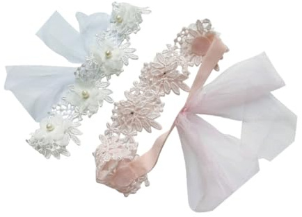 Diademas para Niño Niña Flores y Perlas 2 Pcs, Rosa Blanco Halloween | Encaje, Chiffon y Algodón, Tacto Suave para Bautismo, Obsequio Baby Shower, Niñas