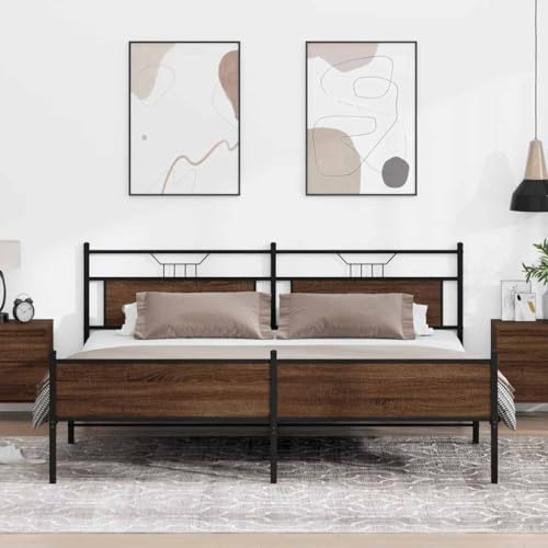 Goyphonic Metallsäng, brun, ekutseende med robust stålram, 193 x 201 cm, ribbotten, förvaringsutrymme, sovrumsmöbler, plattformssäng för vilsam sömn