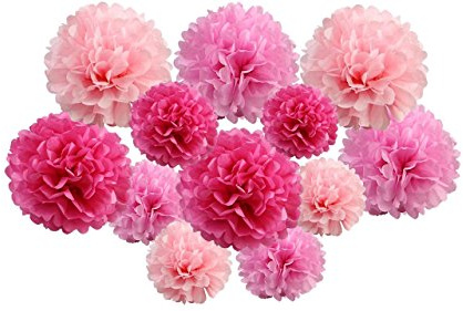 pack of 12 Pack Mixed Tissue Paper Pompom Pom Pom Hanging Garland Wedding Party Decorations (Pink Shade, mix 8 & 10 (20 cm & 25 cm))
