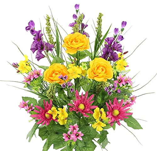 Admired By Nature 30 Stem Artificial flowers Morning Glory & Ranunculus Bush Spring Faux Flower Arrangement for Outdoor & Indoor Wedding home decor, Cemetery Decorations For Grave, Summer Mix