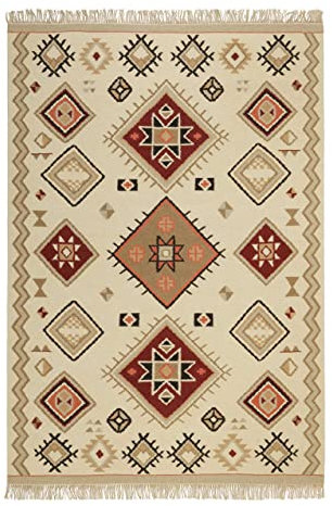 Kelim Teppich handgewebt - Naturfaser Läufer & Teppiche bestens geeignet fürs Wohnzimmer & Schlafzimmer, Handwebteppich & Wollteppich, nachhaltig & hochwertig, 80 x 300 cm, Creme Beige Rot - Brionne