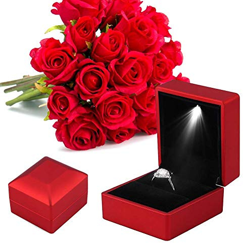 Exception Caja de anillos de compromiso con luz, soporte de almacenamiento con luz LED para monedas, aretes, joyas para propuesta, boda, regalo, color rojo