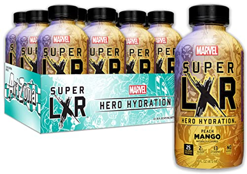 Arizona x Marvel Super LXR Peach Mango Hero Hydration Drink, Pack of 12 x 473ml PET Bottles Sports Drink with Electrolytes & Vitamins