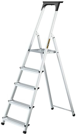 DRABEST 5 Step Ladder Folding - Aluminum Folding Ladder - Lader with a Tool Shelf & Work Platform - Stepladders 5 Tread - Capacity 125 KG - Multi-Purpose Ladders - 45x168x11cm
