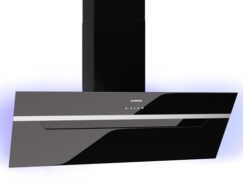 Klarstein BigBite Hotte Aspirante 90 cm - Hotte Décorative Inclinée, 417 m³/h, A+++, LED, 3 Vitesses & Boost, Filtre Charbon, Tactile, Recyclage ou Évacuation, Design Verre Noir