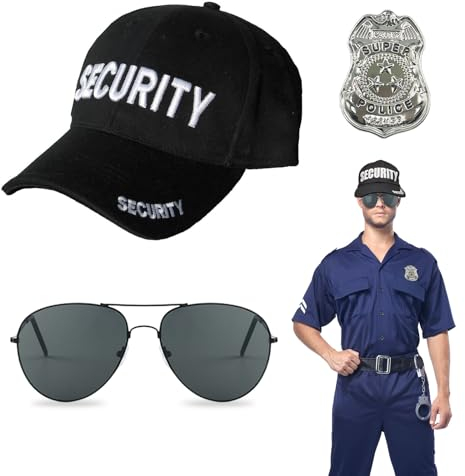 EUPSIIU 3 Piezas Policía Disfraz Swat para Adulto Niños, Accesorios Policiales con Gorra de Seguridad Regulable Gafas de sol Policía Insignia, Gorra Policía para Fiestas Temáticas Carnavales (Negro)